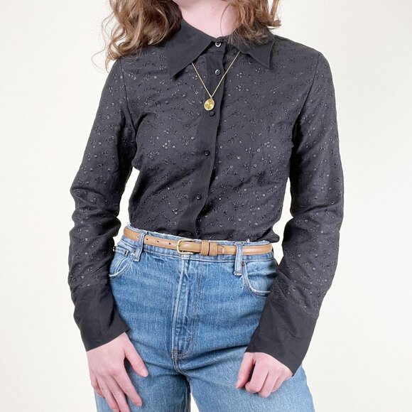 Vintage Silk & Linen Eyelet Lace Button Up Shirt Blouse Whimsigoth Witch 90s Y2K - Picture 3 of 5